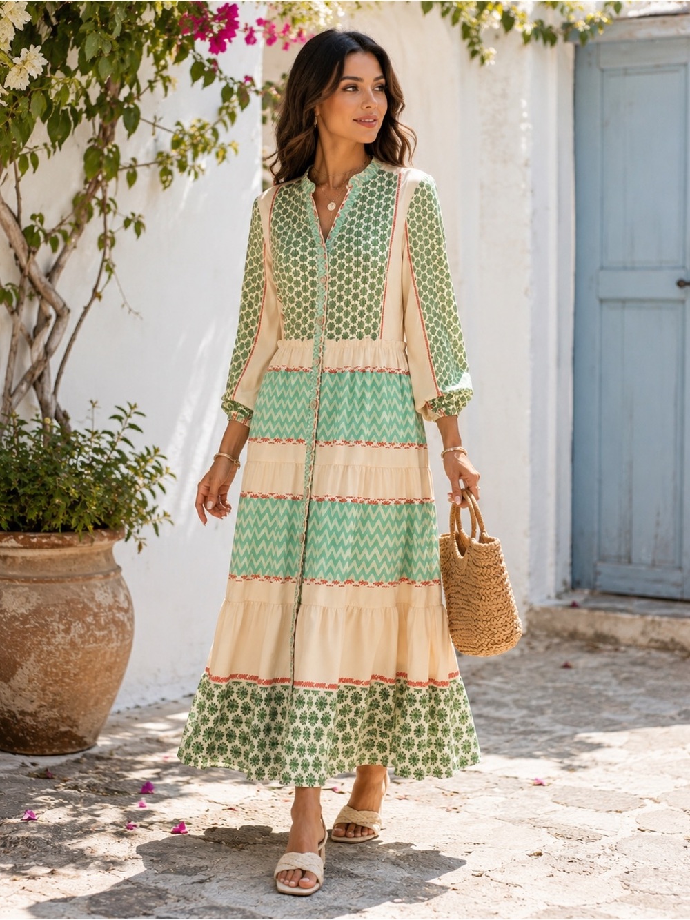 NEW - Boho Green Mixed Print Tiered Maxi Dress Cottage Chic Style
